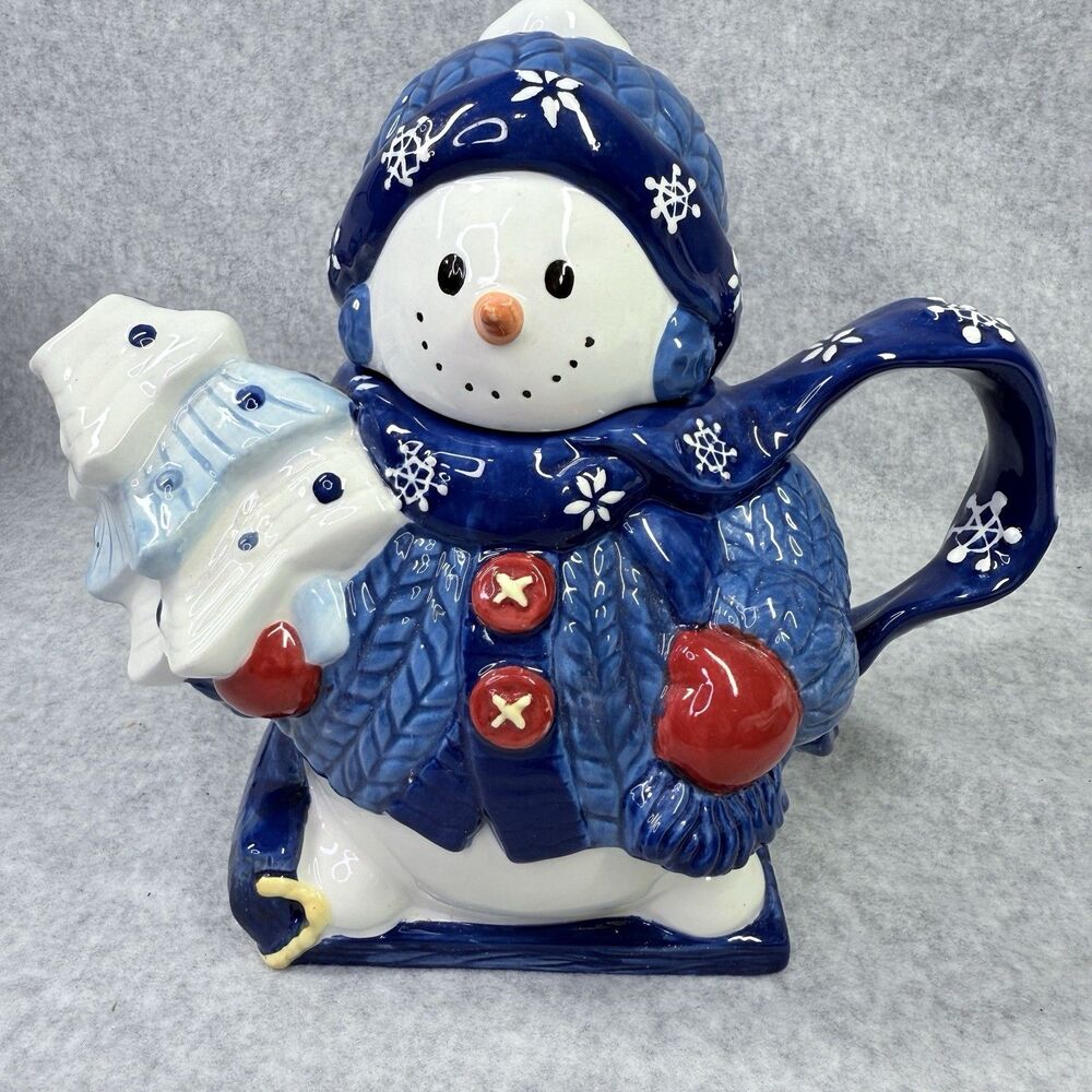 Homespun Holiday Collection Blue Snowman Four Cup Teapot Christmas Holidays - Picture 2 of 14